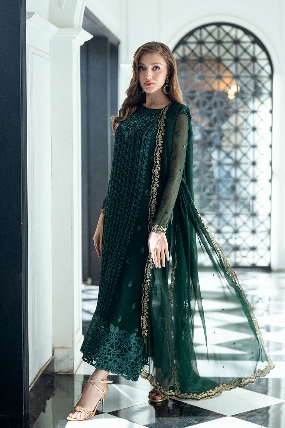 AZU Embroidered Dark Green Luxury Chiffon Dress