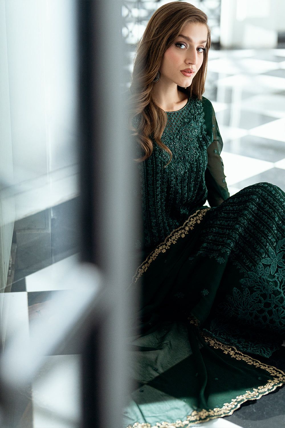 AZU Embroidered Dark Green Luxury Chiffon Dress