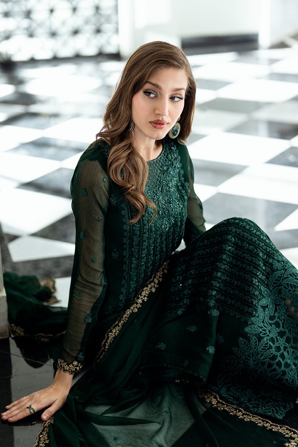 AZU Embroidered Dark Green Luxury Chiffon Dress
