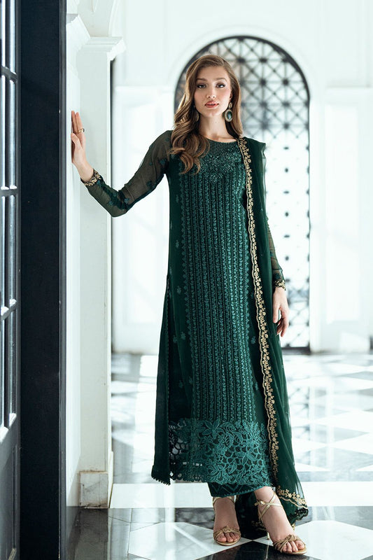 AZU Embroidered Dark Green Luxury Chiffon Dress