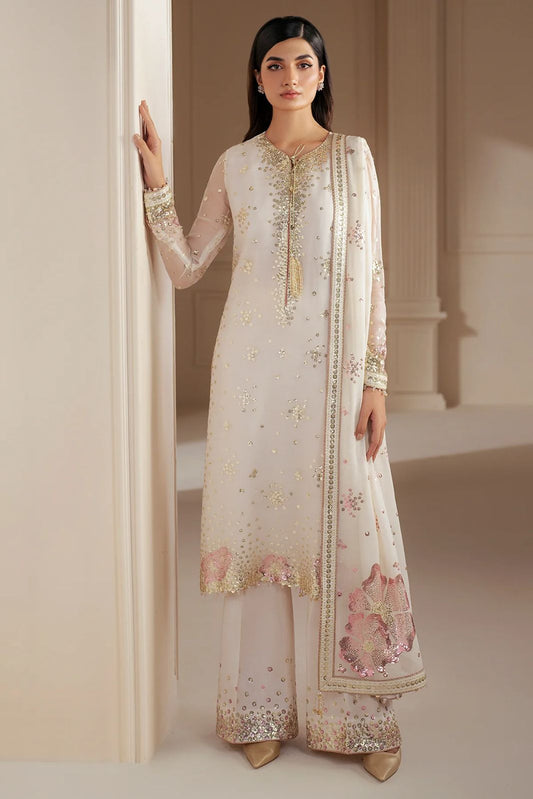 JZM Embroidered Off White Luxury Chiffon Dress
