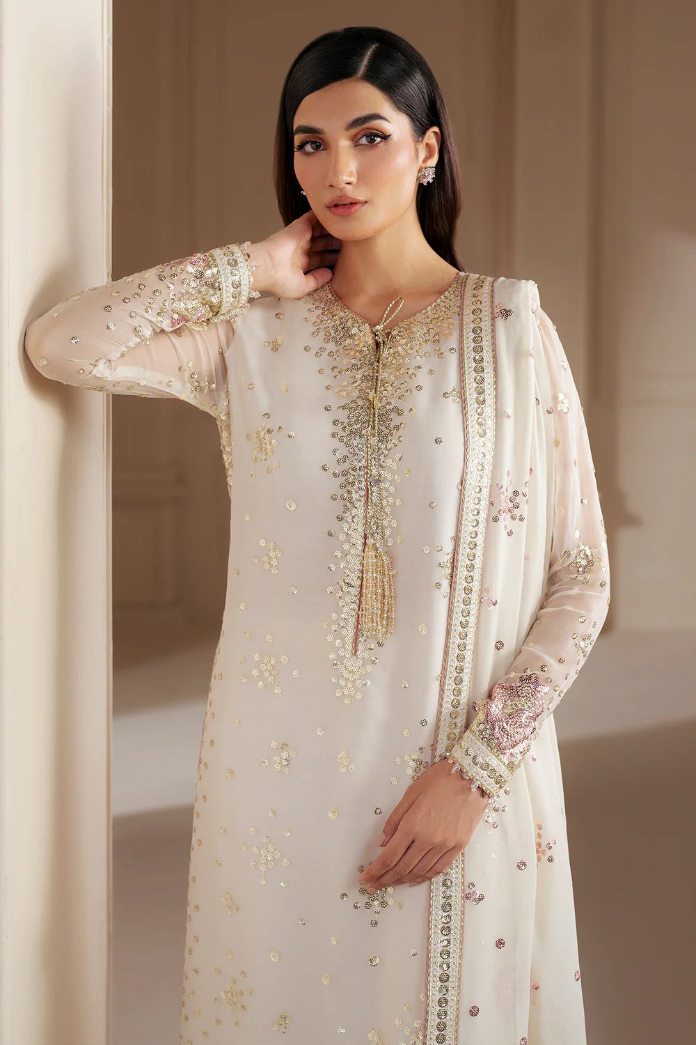 JZM Embroidered Off White Luxury Chiffon Dress