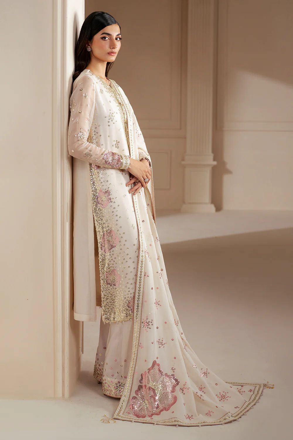 JZM Embroidered Off White Luxury Chiffon Dress