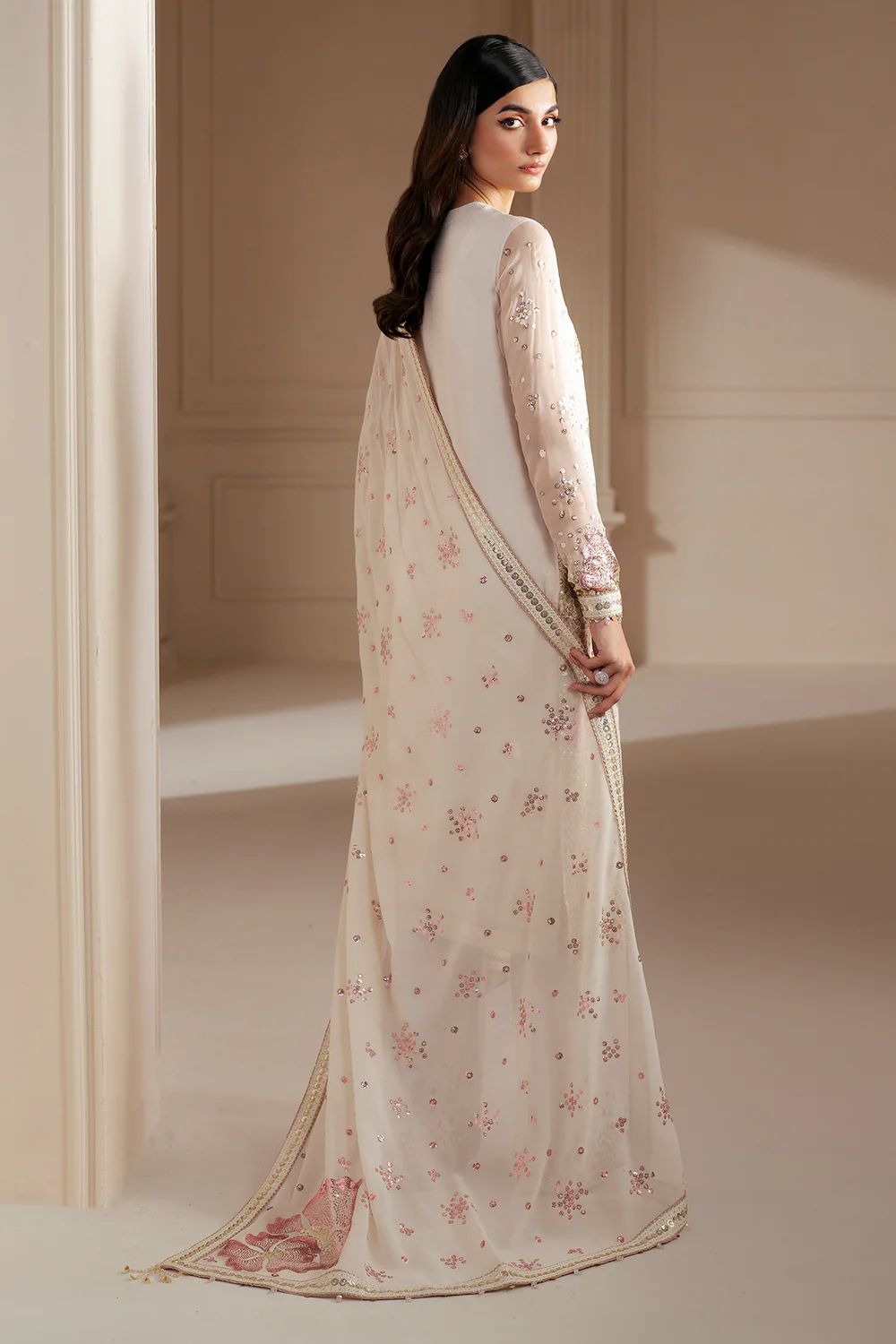 JZM Embroidered Off White Luxury Chiffon Dress