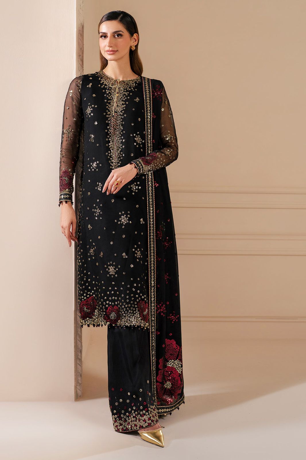 JZM Embroidered Black Luxury Chiffon Dress