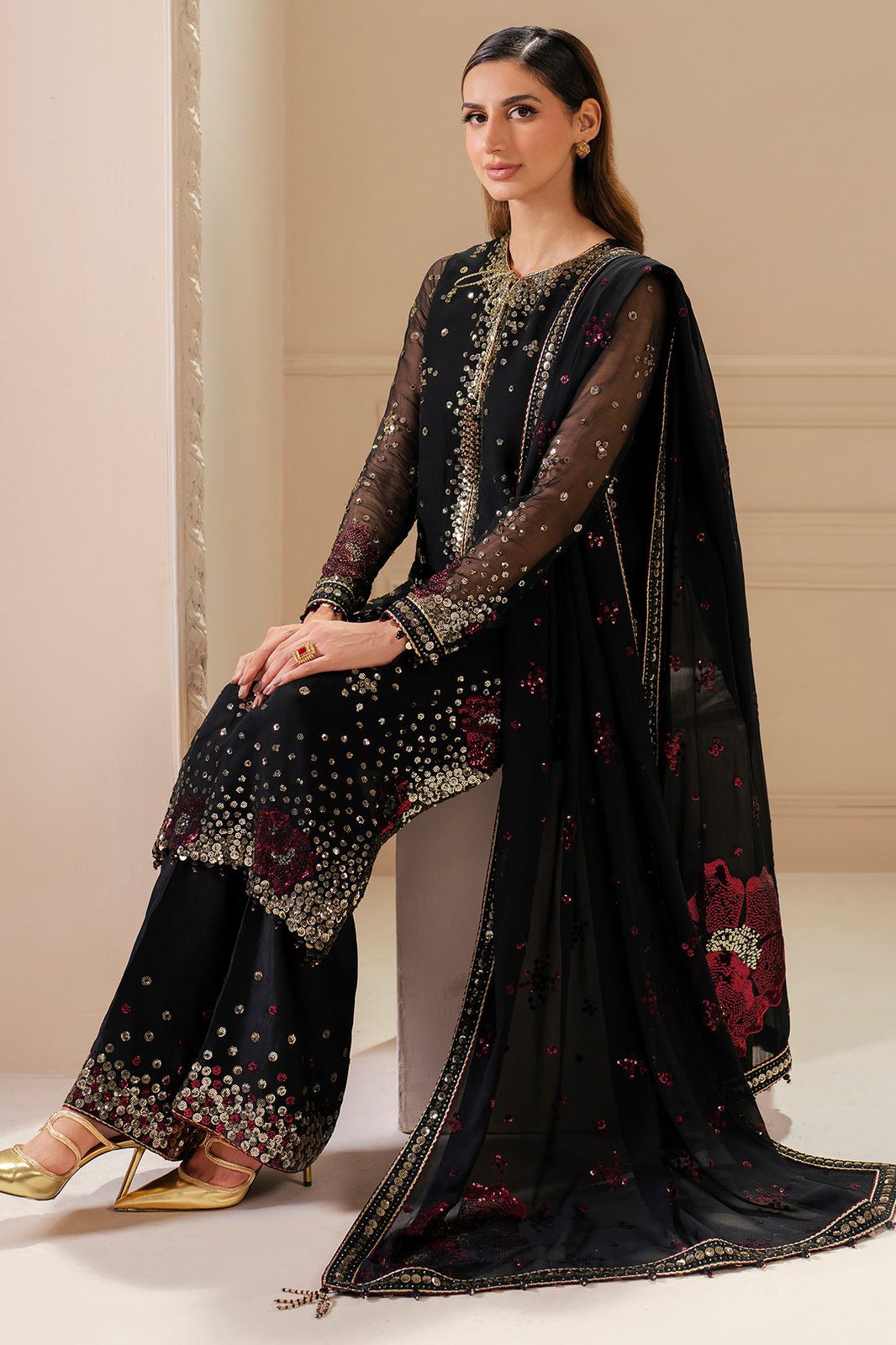 JZM Embroidered Black Luxury Chiffon Dress