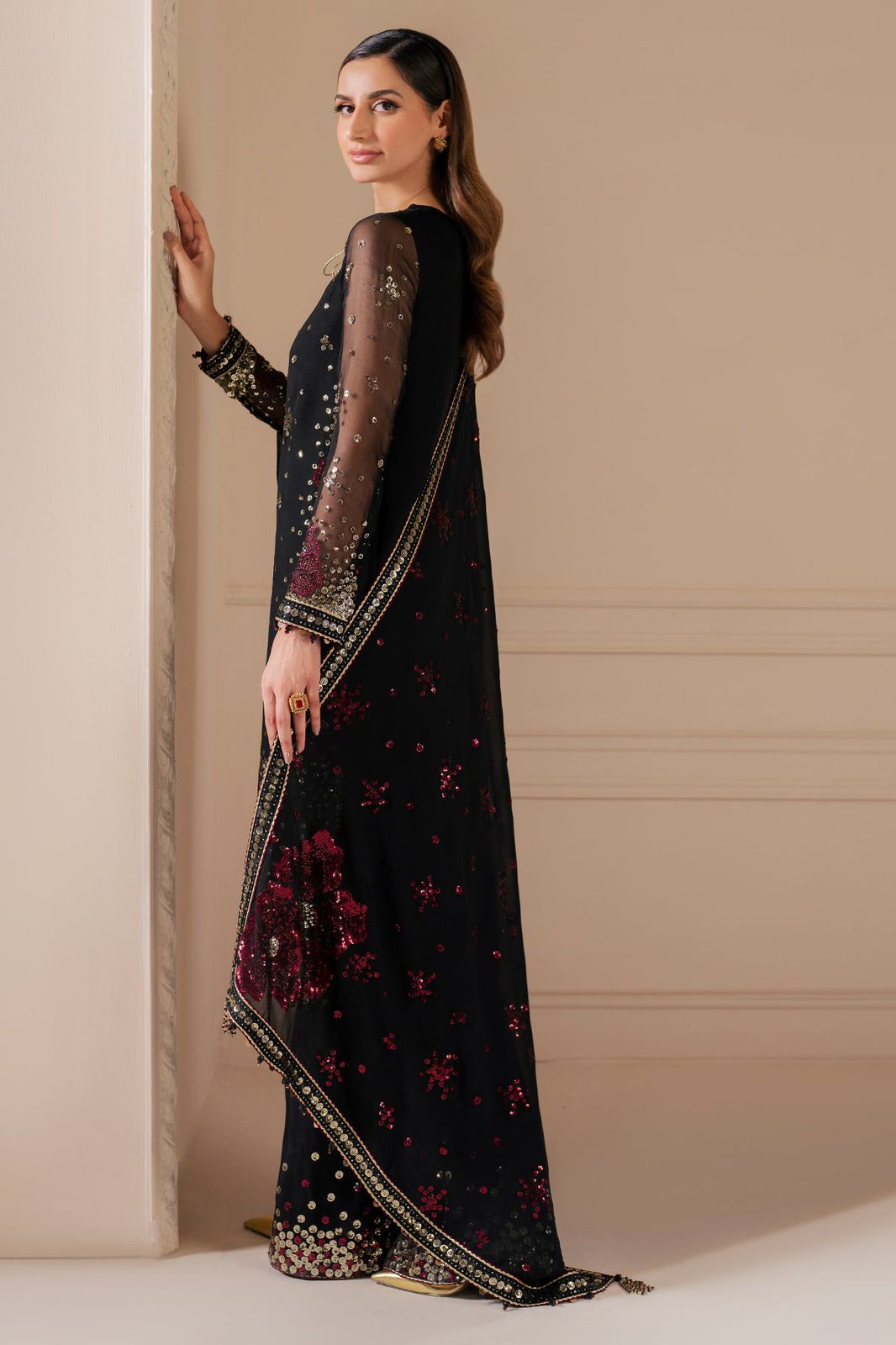 JZM Embroidered Black Luxury Chiffon Dress