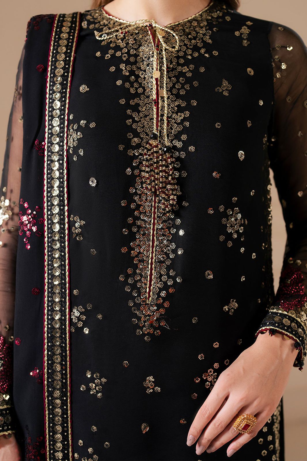 JZM Embroidered Black Luxury Chiffon Dress