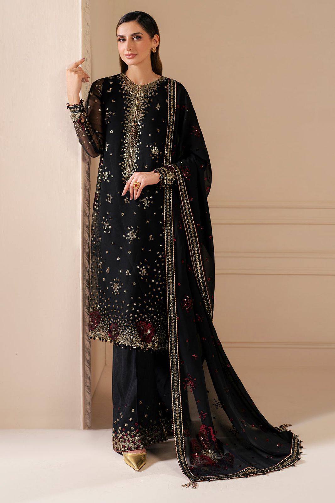 JZM Embroidered Black Luxury Chiffon Dress