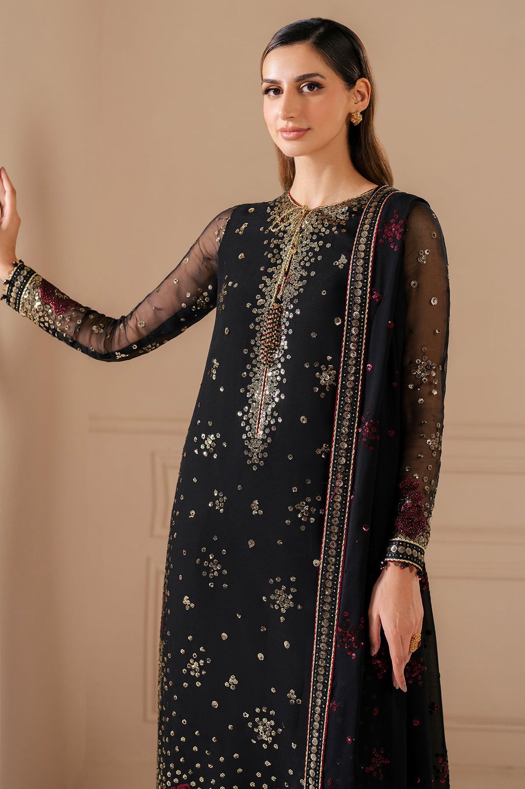 JZM Embroidered Black Luxury Chiffon Dress