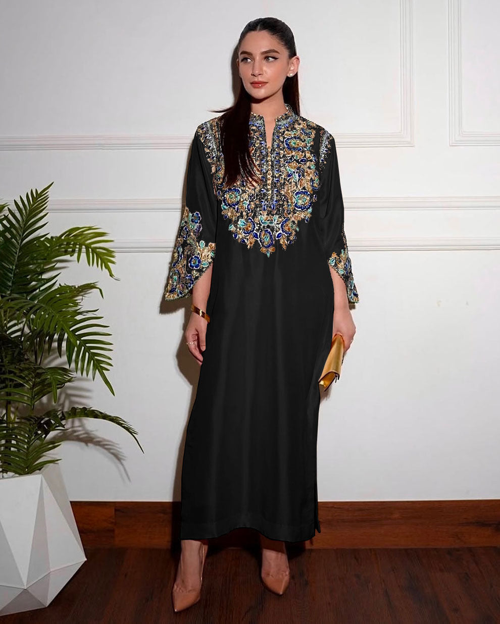 HR Embroidered Black Luxury Raw Silk Dress