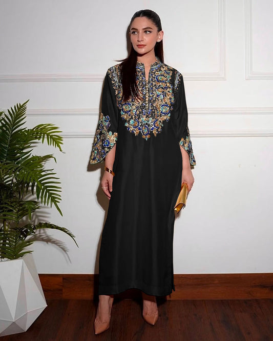HR Embroidered Black Luxury Raw Silk Dress