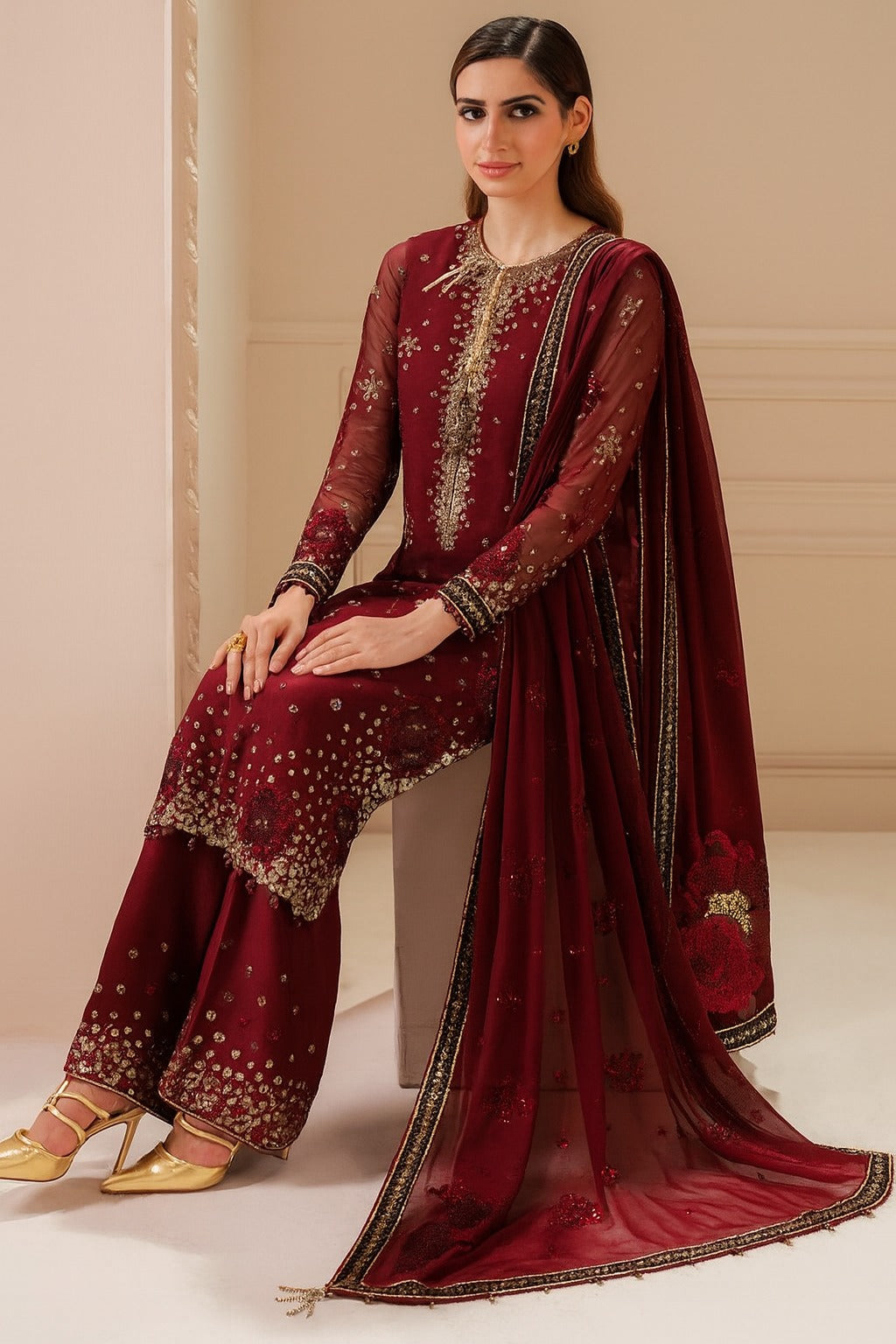 JZM Embroidered Maroon Luxury Chiffon Dress