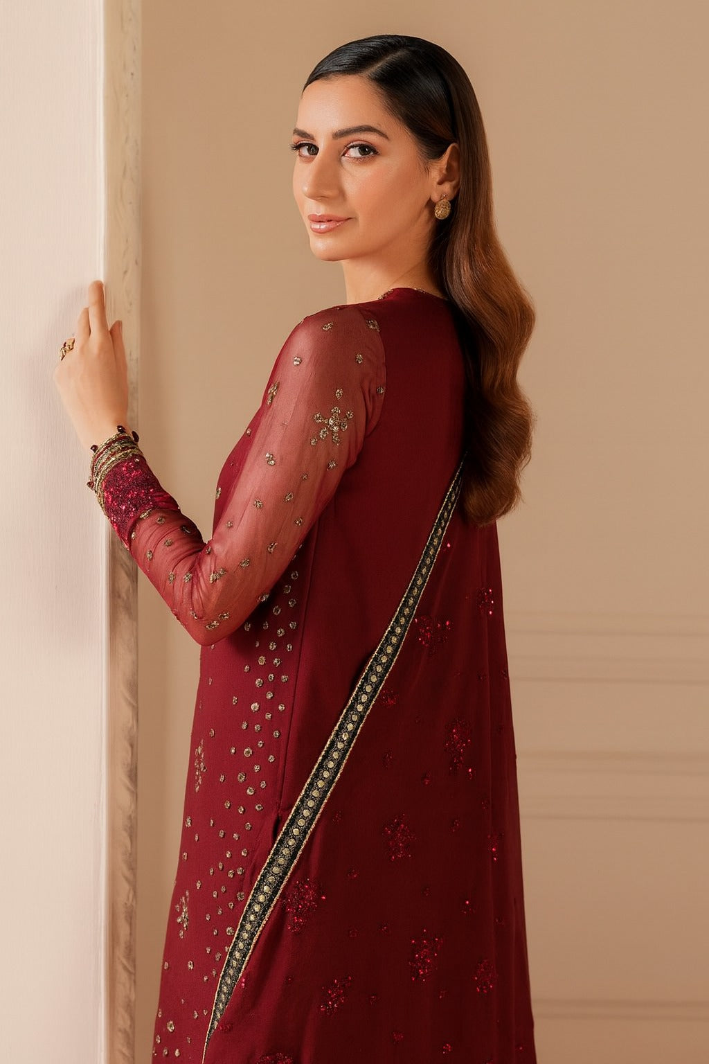 JZM Embroidered Maroon Luxury Chiffon Dress