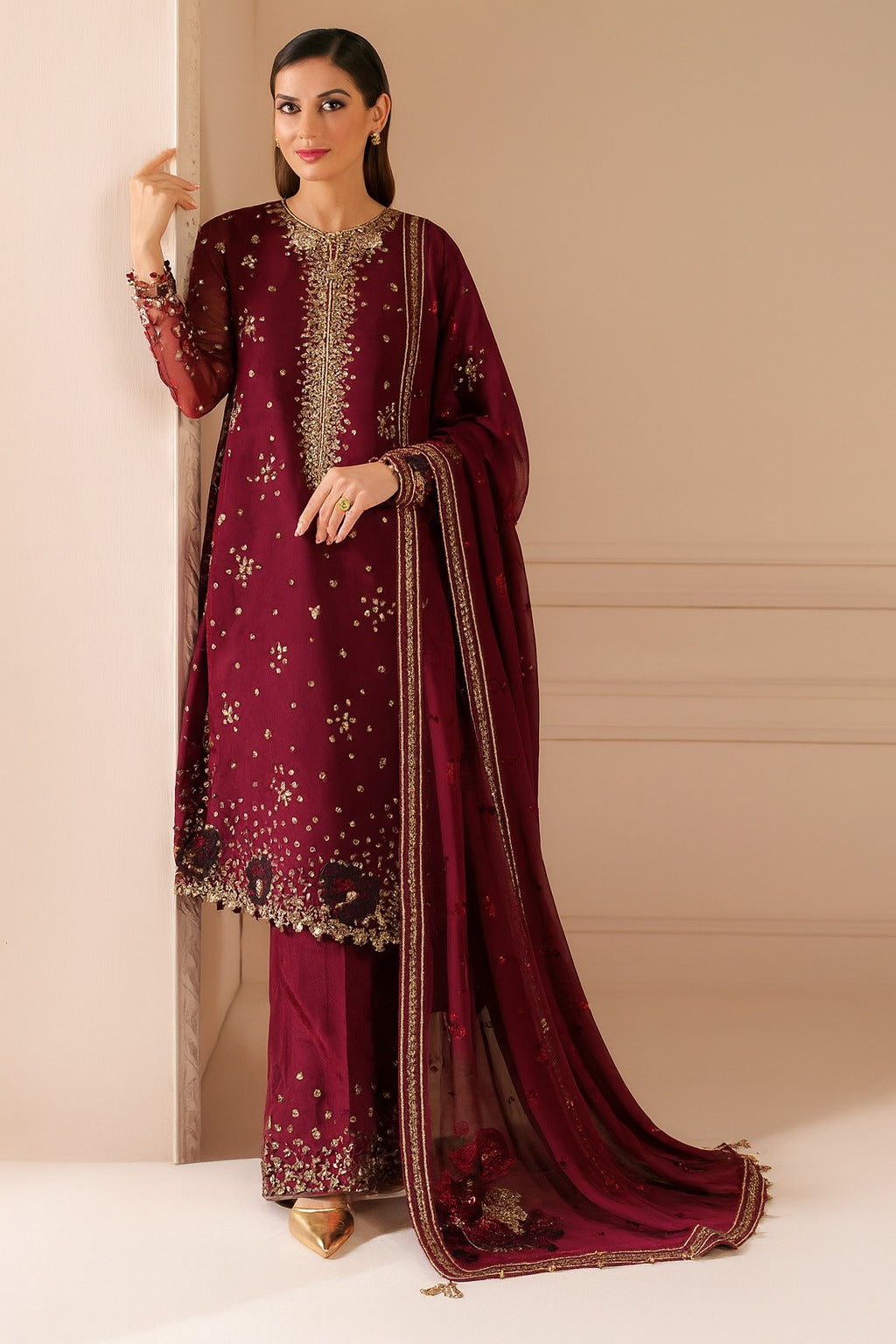 JZM Embroidered Maroon Luxury Chiffon Dress
