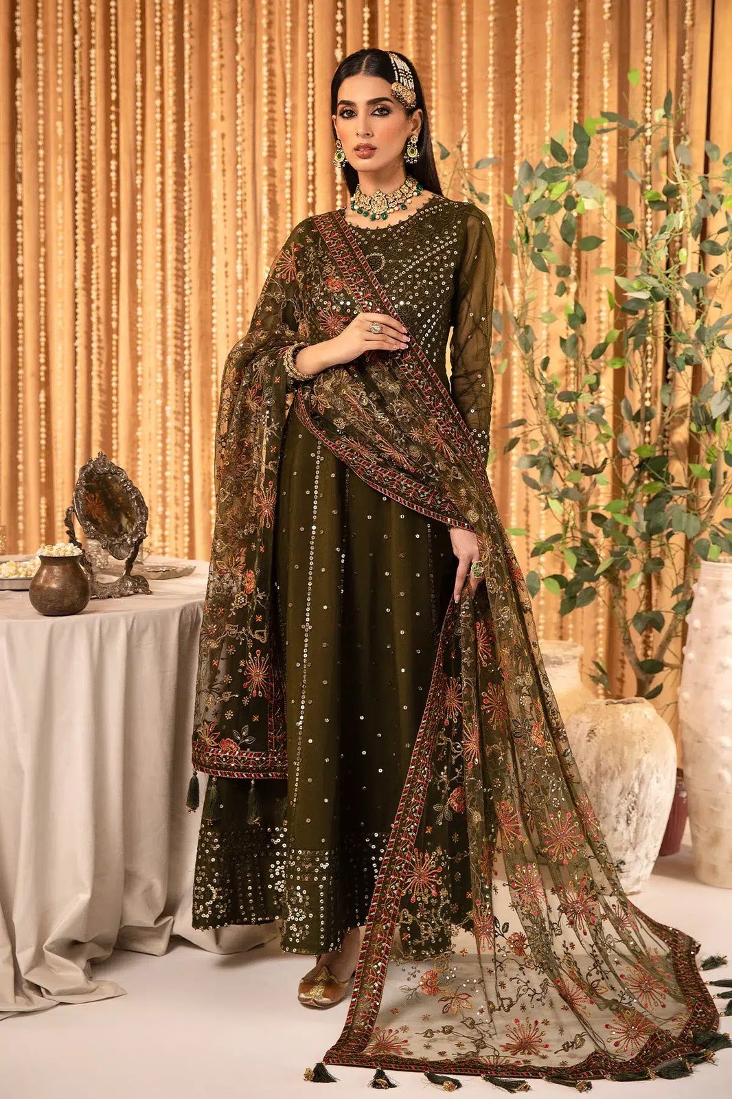 AZH Embroidered Mehndi Luxury Chiffon Maxi