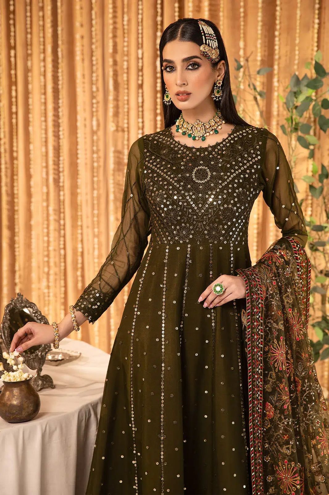AZH Embroidered Mehndi Luxury Chiffon Maxi