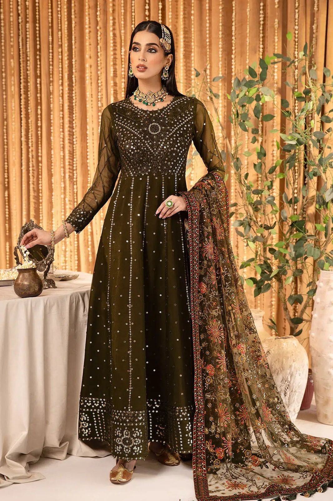 AZH Embroidered Mehndi Luxury Chiffon Maxi