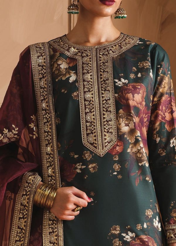Humjoli Embroidered Dark Green Luxury lawn Dress