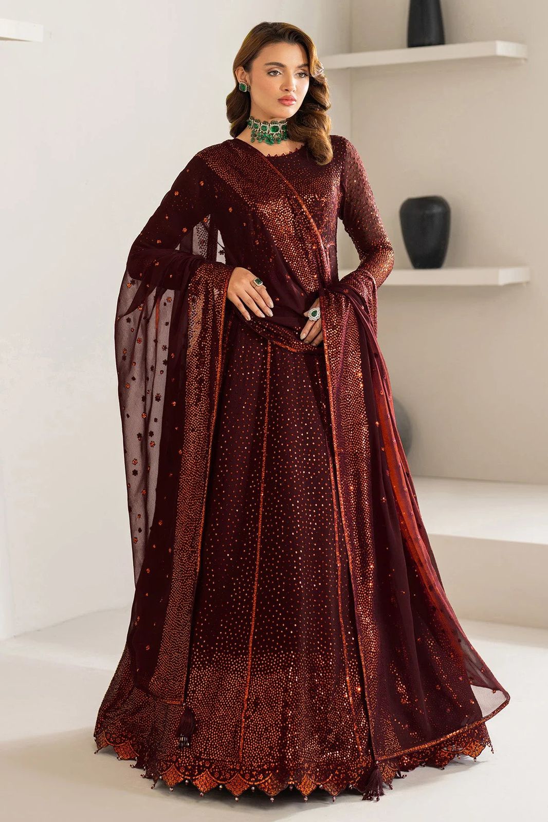 AZH Embroidered Maroon Luxury Chiffon Dress