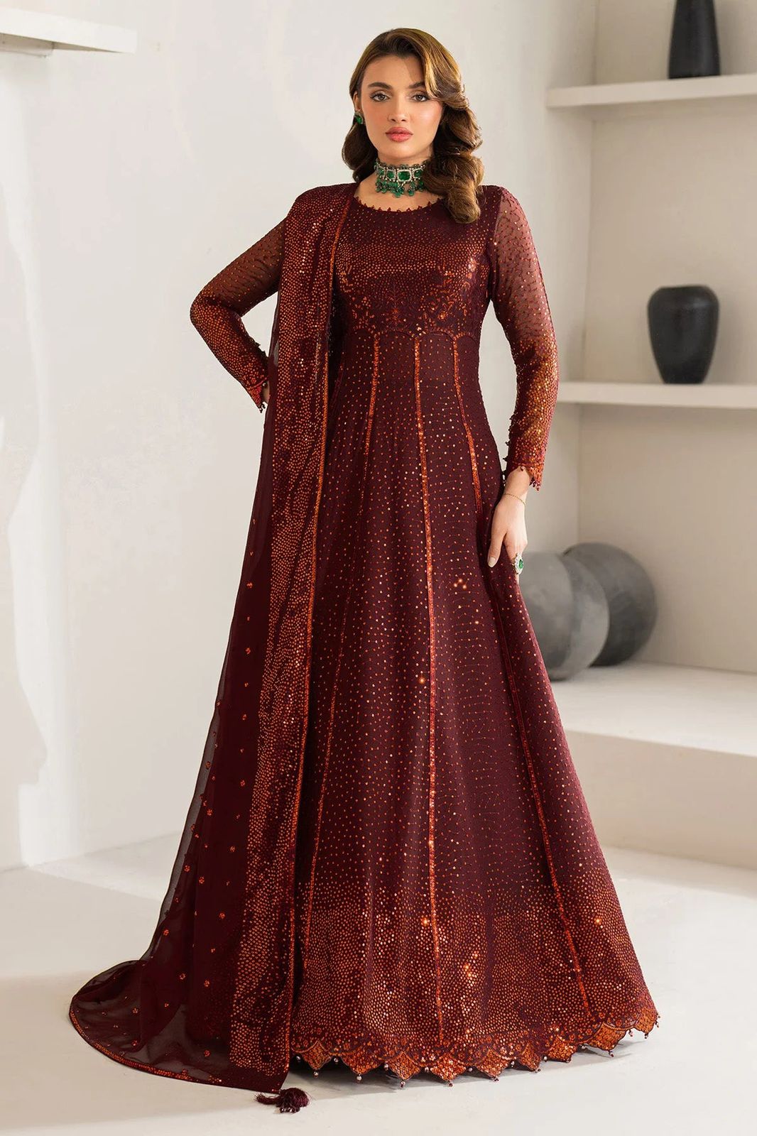 AZH Embroidered Maroon Luxury Chiffon Dress