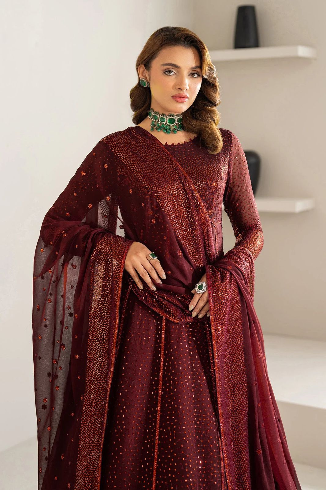 AZH Embroidered Maroon Luxury Chiffon Dress