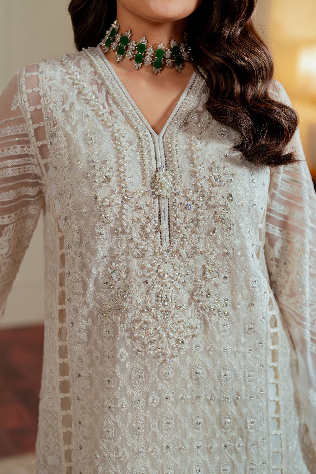 BRQ Embroidered Off White Luxury Organza Dress