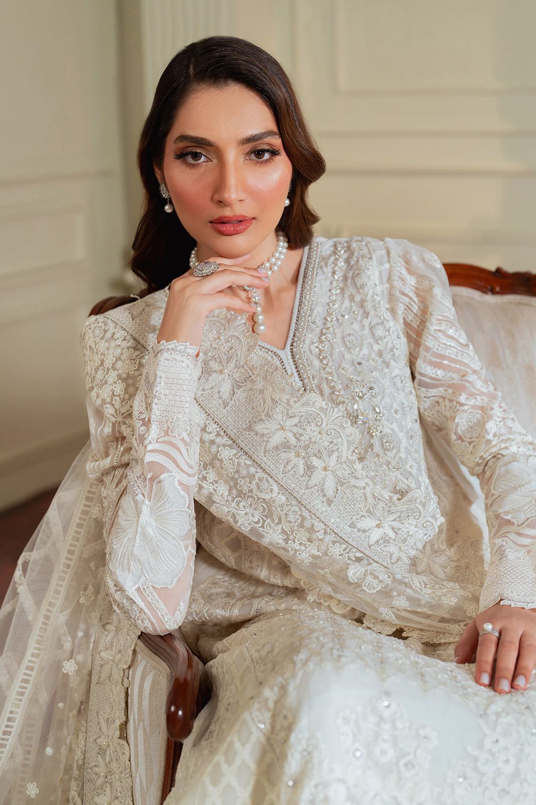 BRQ Embroidered Off White Luxury Organza Dress