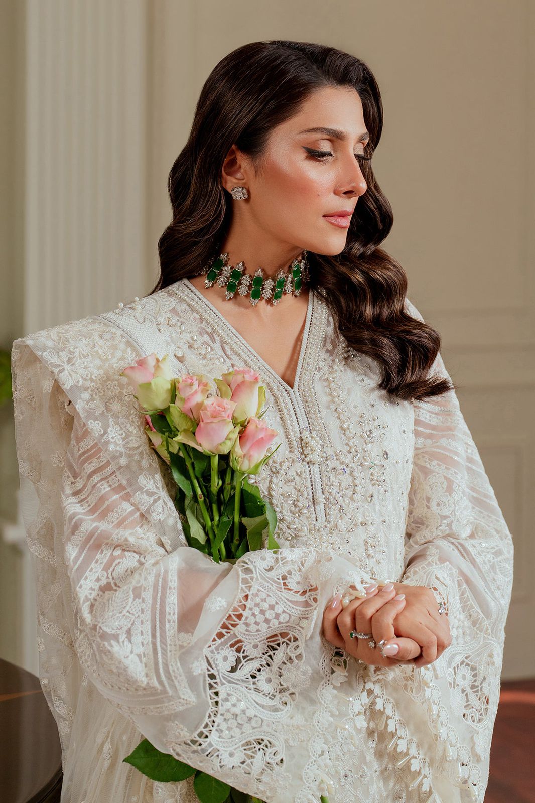 BRQ Embroidered Off White Luxury Organza Dress