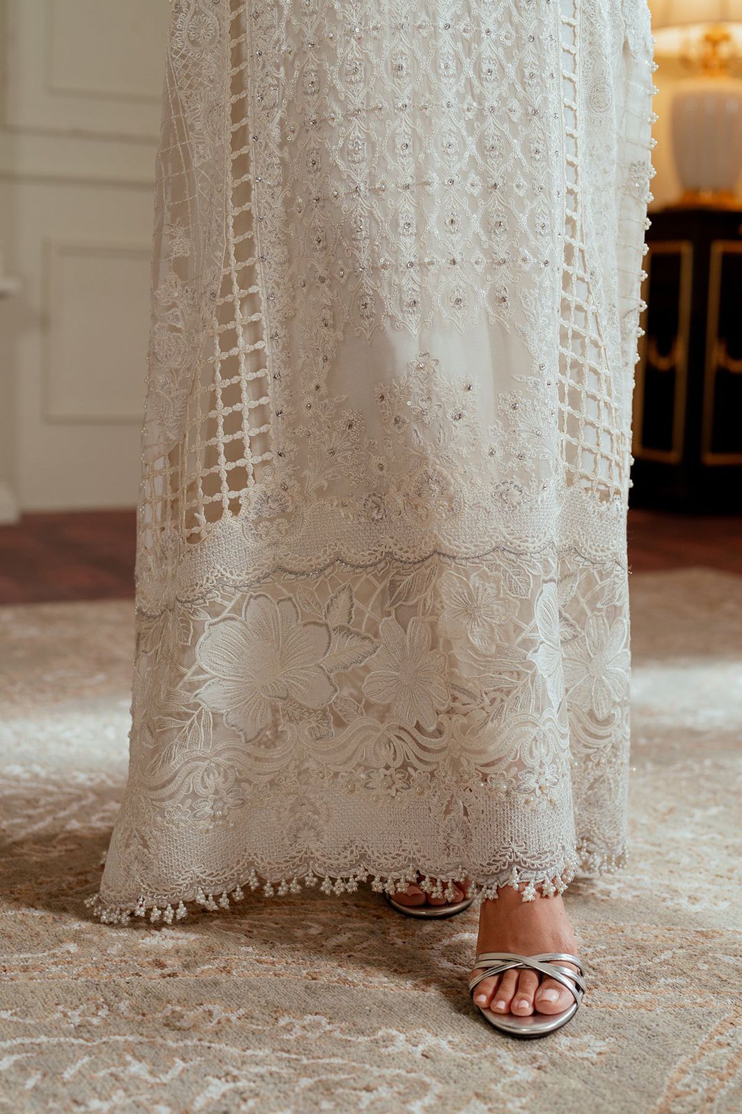BRQ Embroidered Off White Luxury Organza Dress