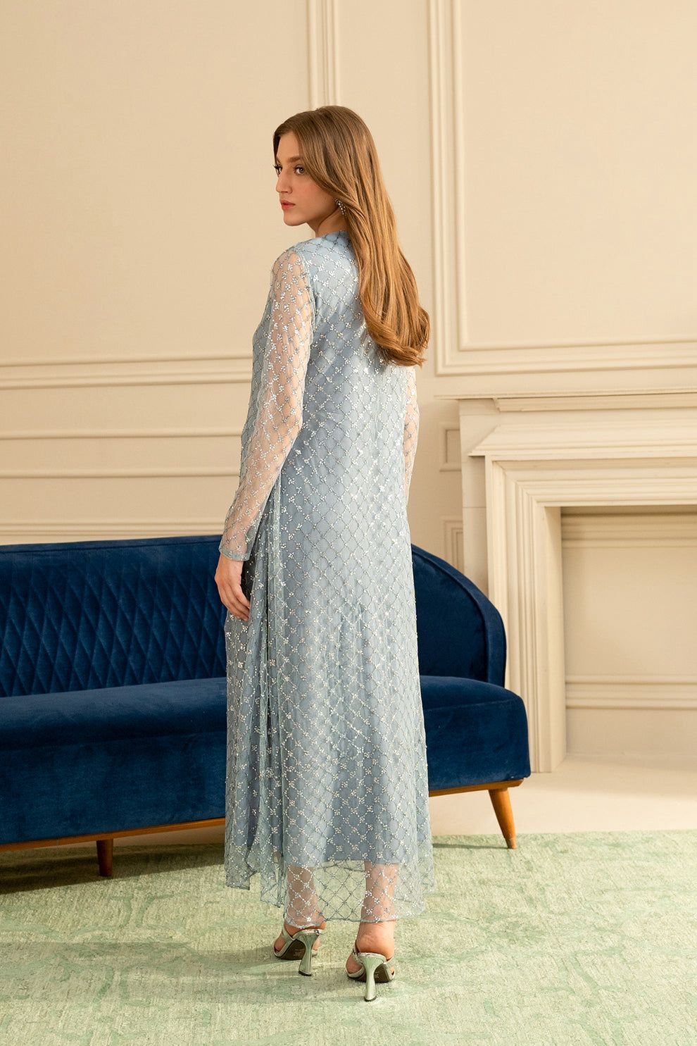 LSR Embroidered Grey Luxury Net Dress