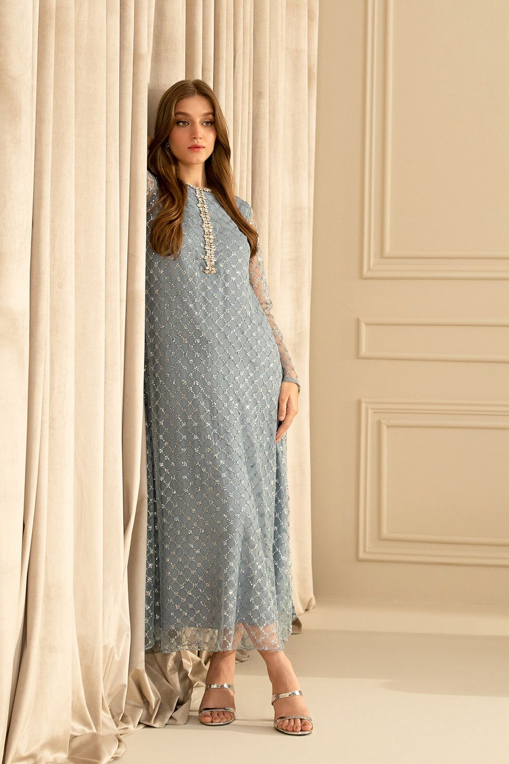 LSR Embroidered Grey Luxury Net Dress