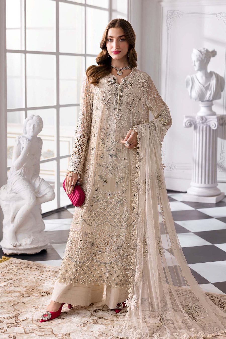 MB Embroidered Off White Luxury Chiffon Dress