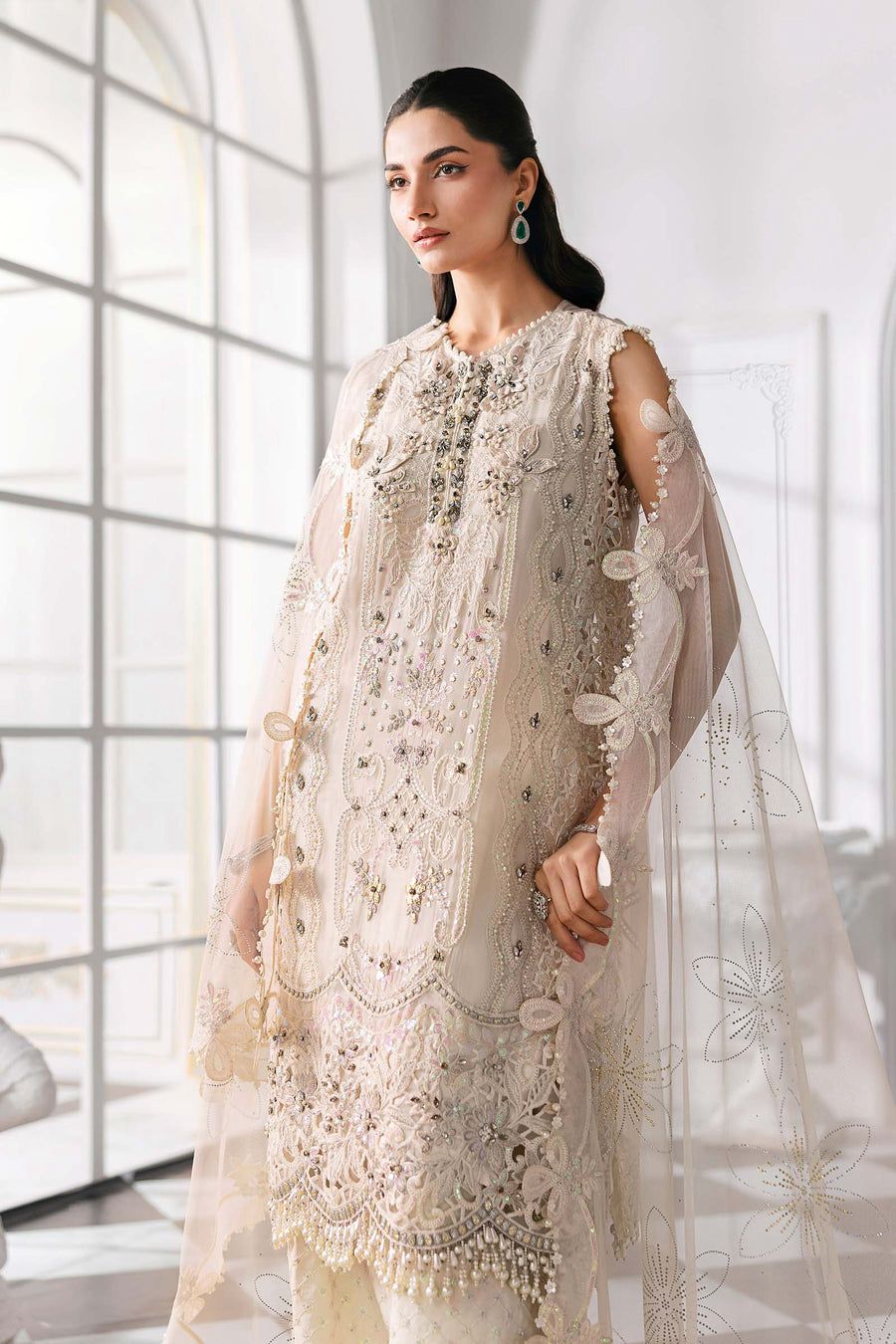 MB Embroidered Off White Luxury Chiffon Dress