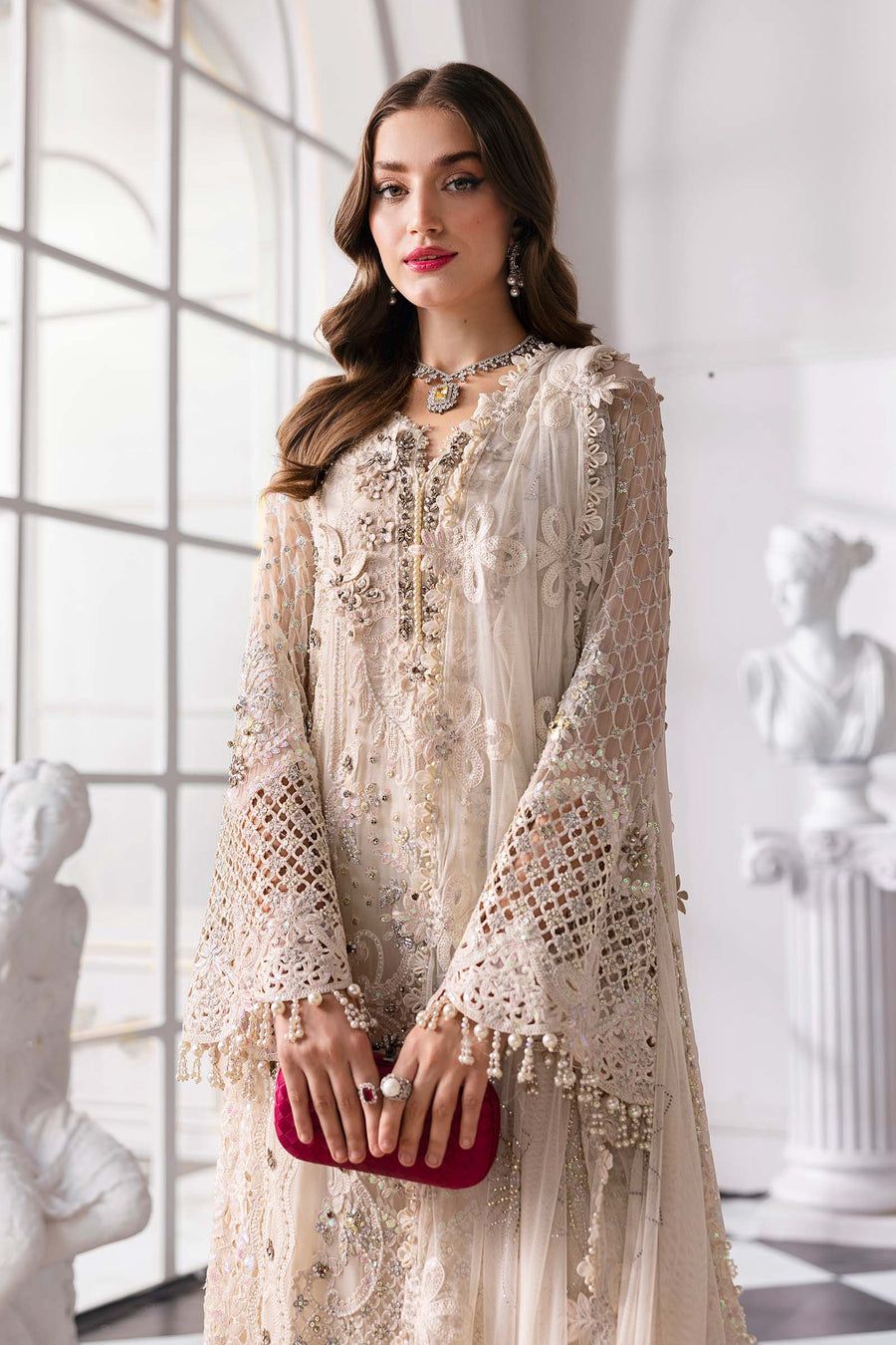 MB Embroidered Off White Luxury Chiffon Dress