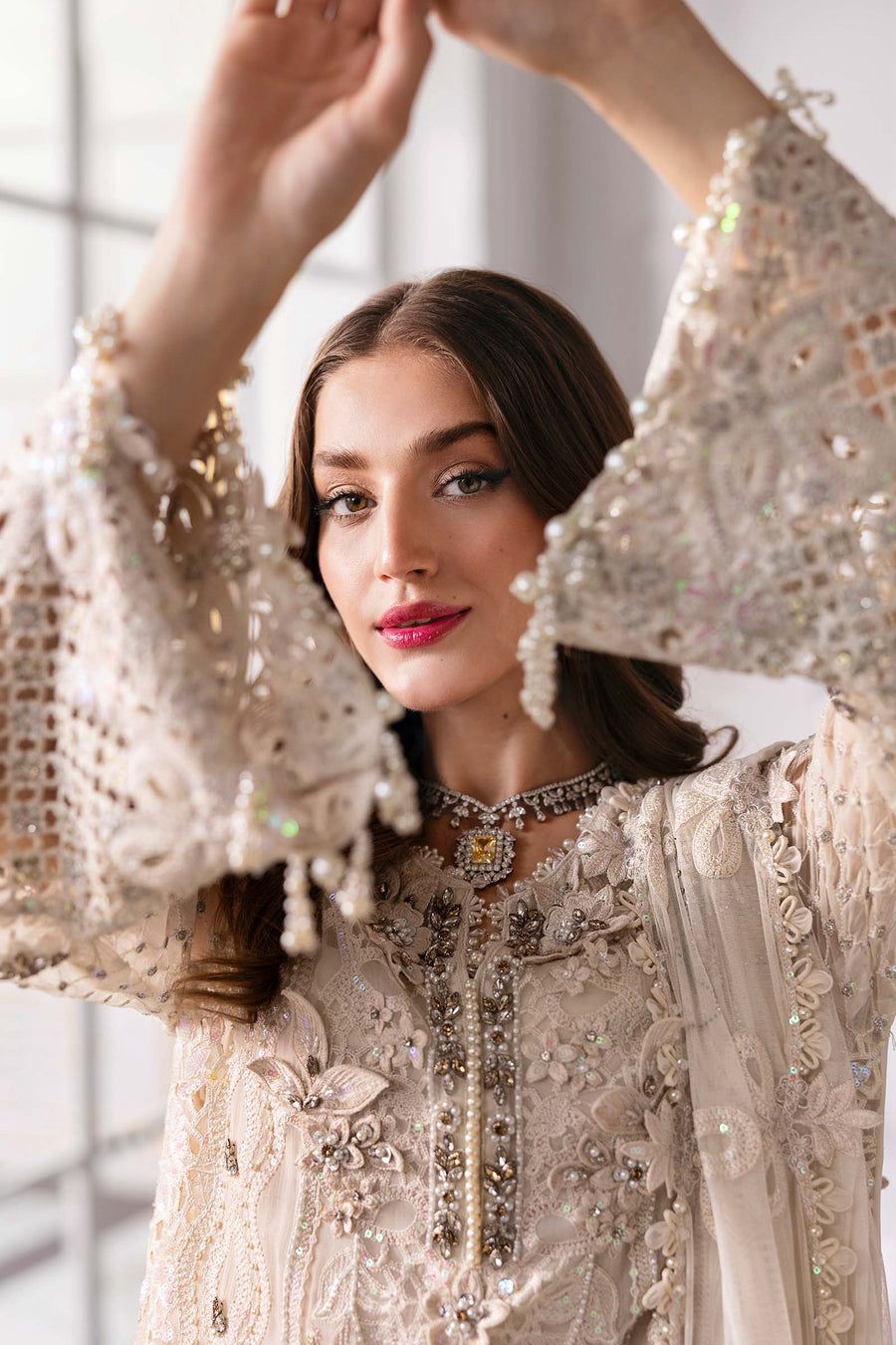 MB Embroidered Off White Luxury Chiffon Dress