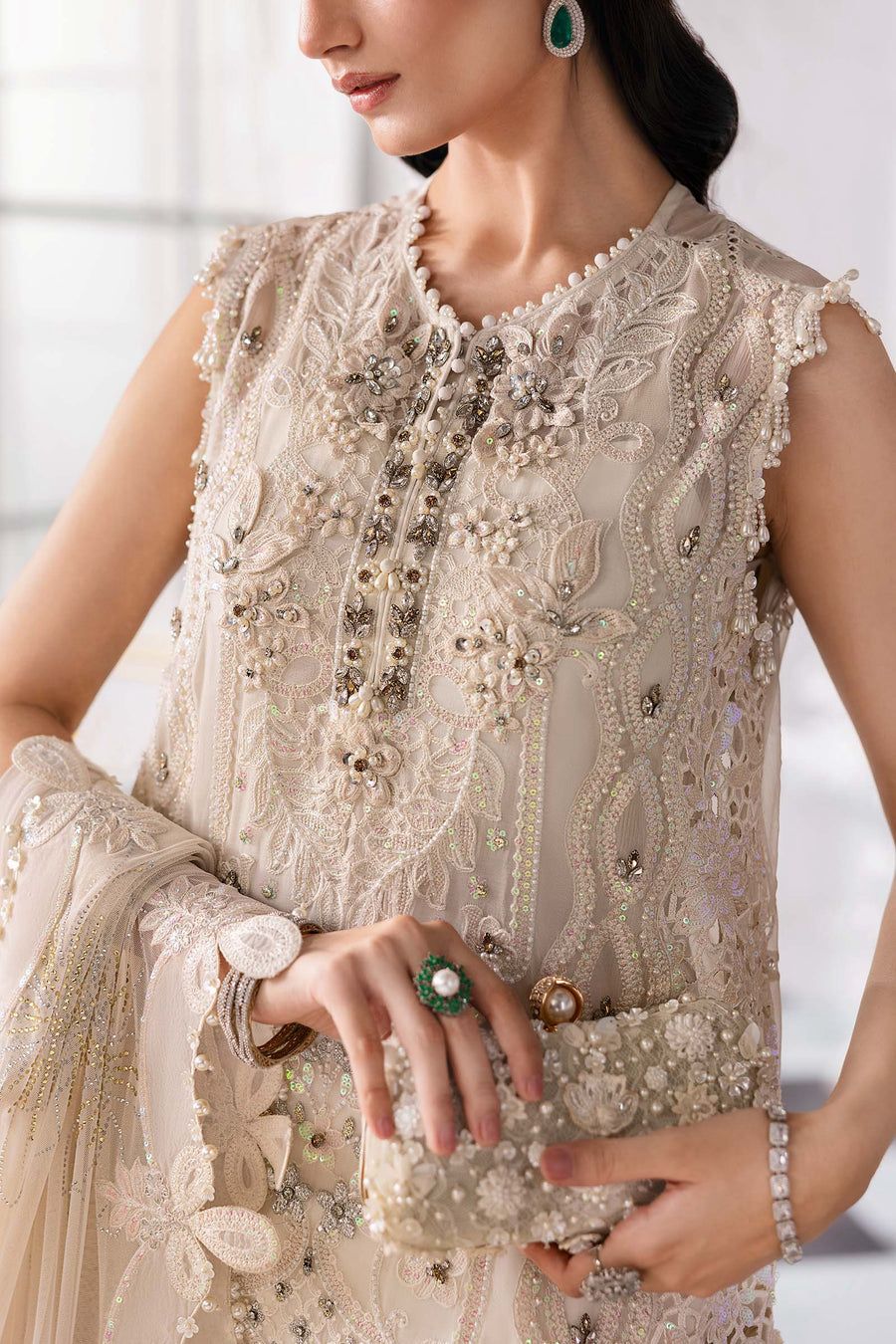 MB Embroidered Off White Luxury Chiffon Dress