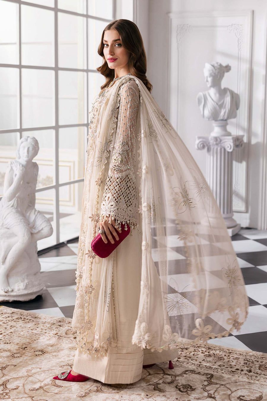 MB Embroidered Off White Luxury Chiffon Dress
