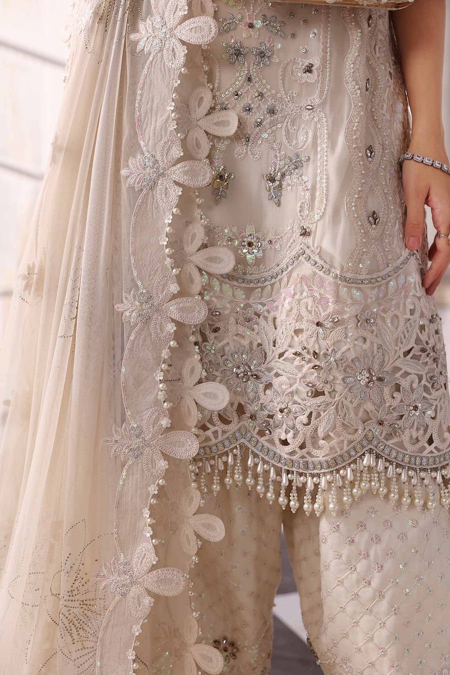MB Embroidered Off White Luxury Chiffon Dress