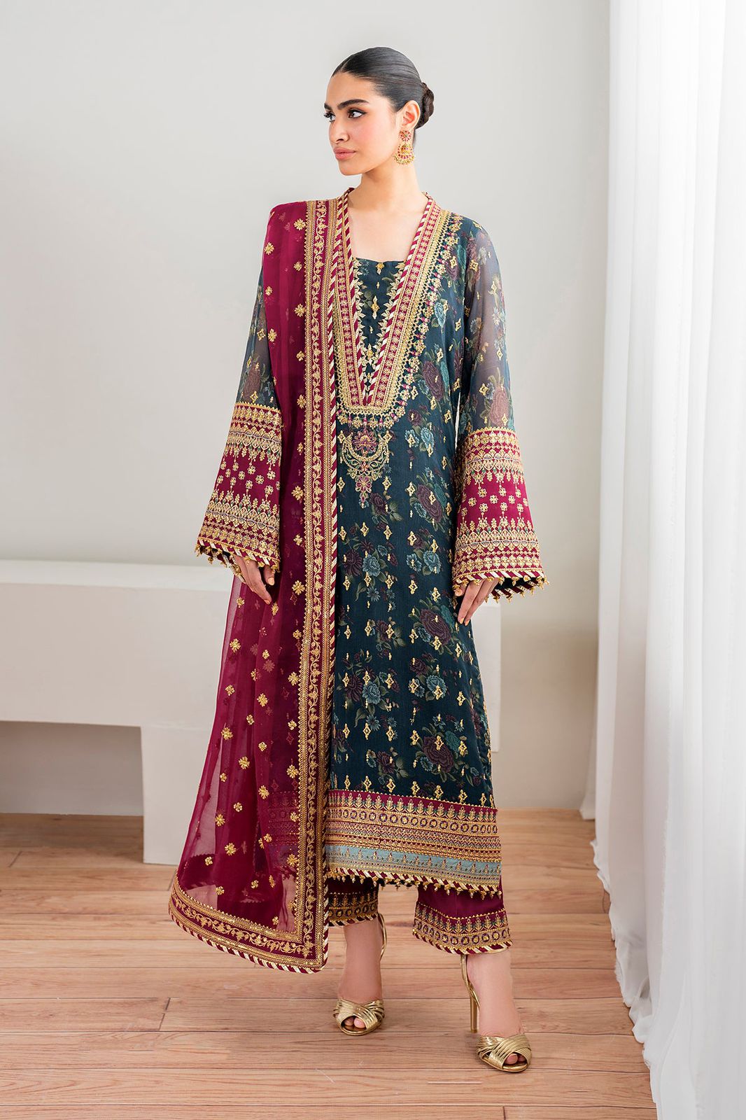 BRQ Embroidered Green Luxury Chiffon Dress