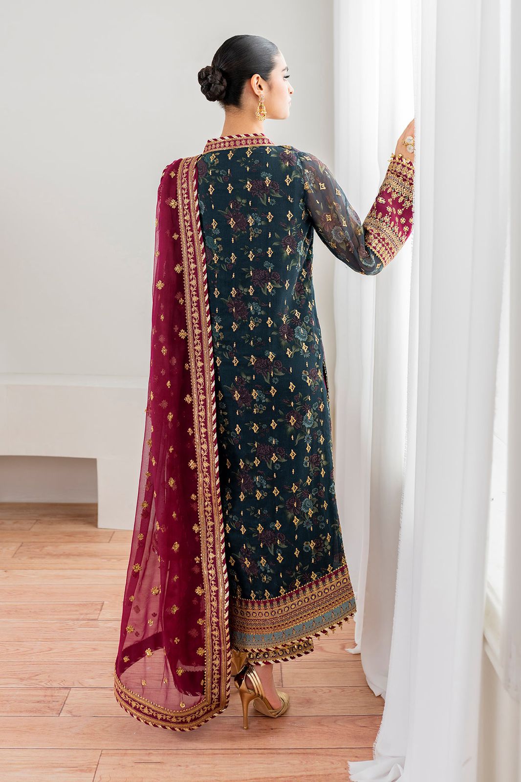 BRQ Embroidered Green Luxury Chiffon Dress