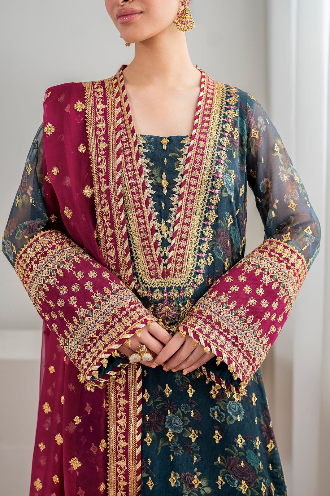 BRQ Embroidered Green Luxury Chiffon Dress
