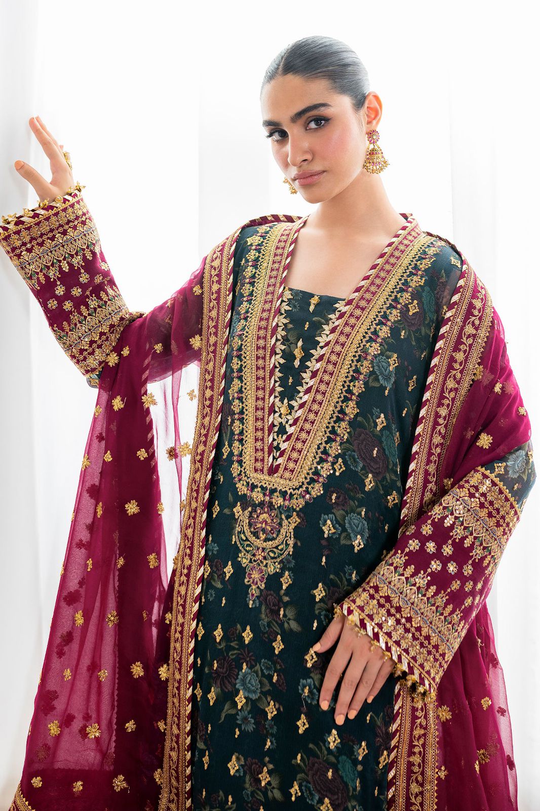 BRQ Embroidered Green Luxury Chiffon Dress