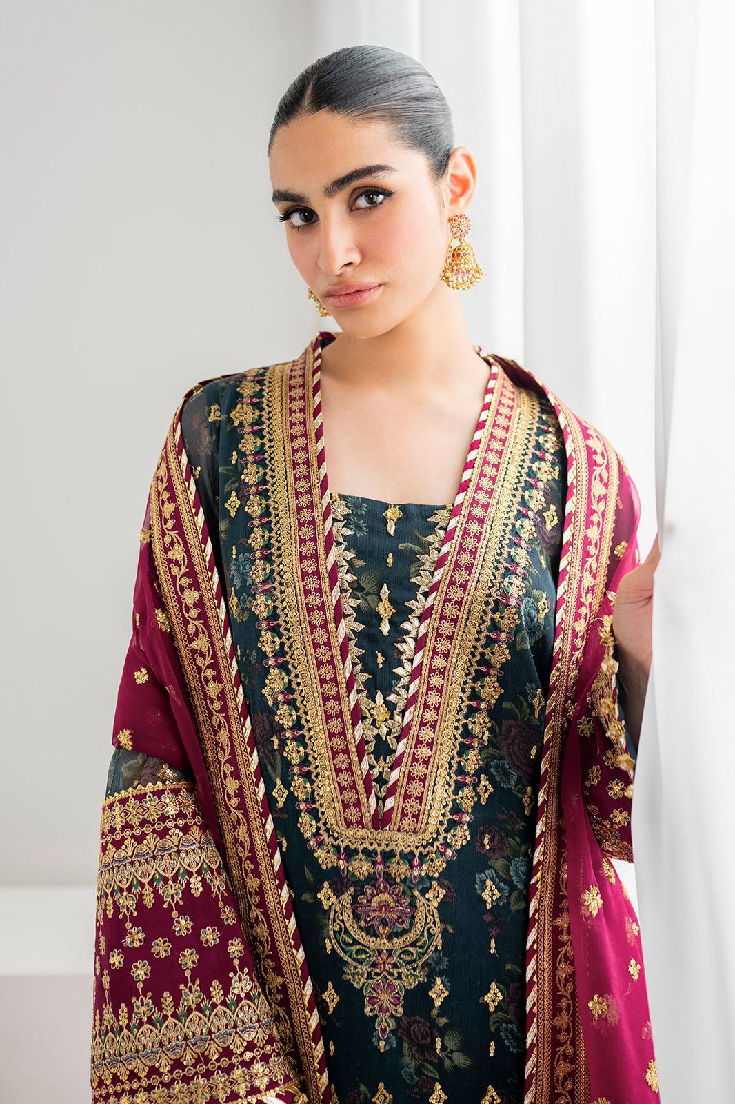 BRQ Embroidered Green Luxury Chiffon Dress