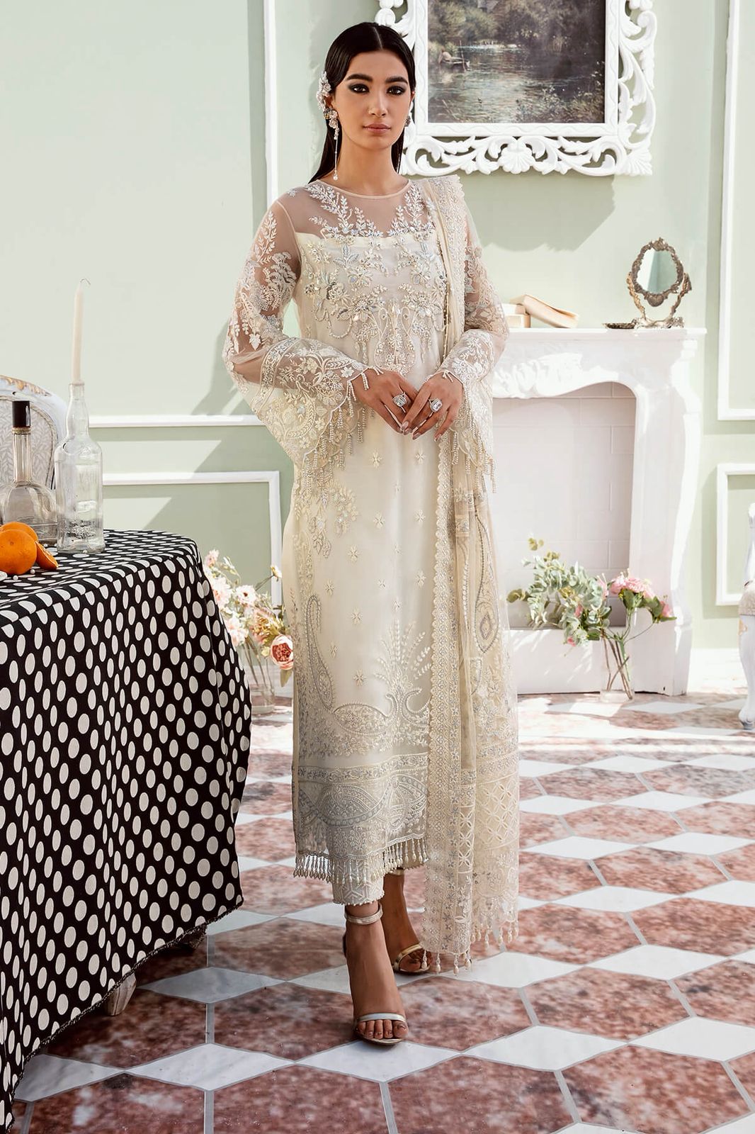 IMZ Embroidered Off White Luxury Chiffon Dress