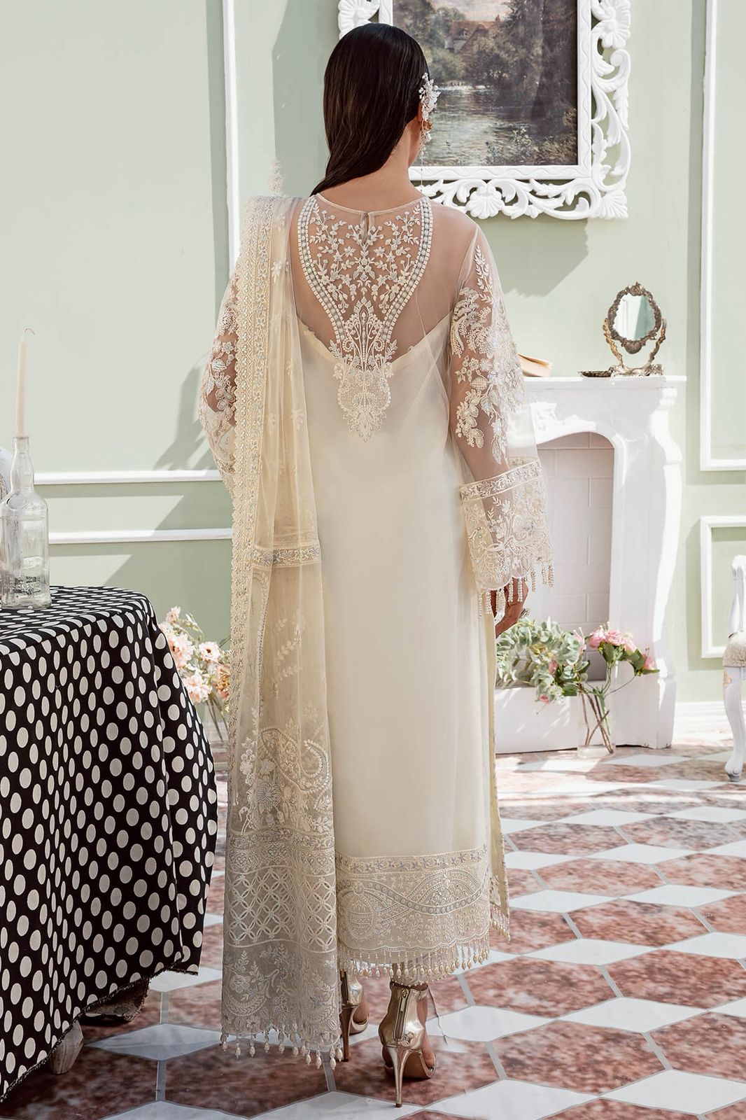 IMZ Embroidered Off White Luxury Chiffon Dress