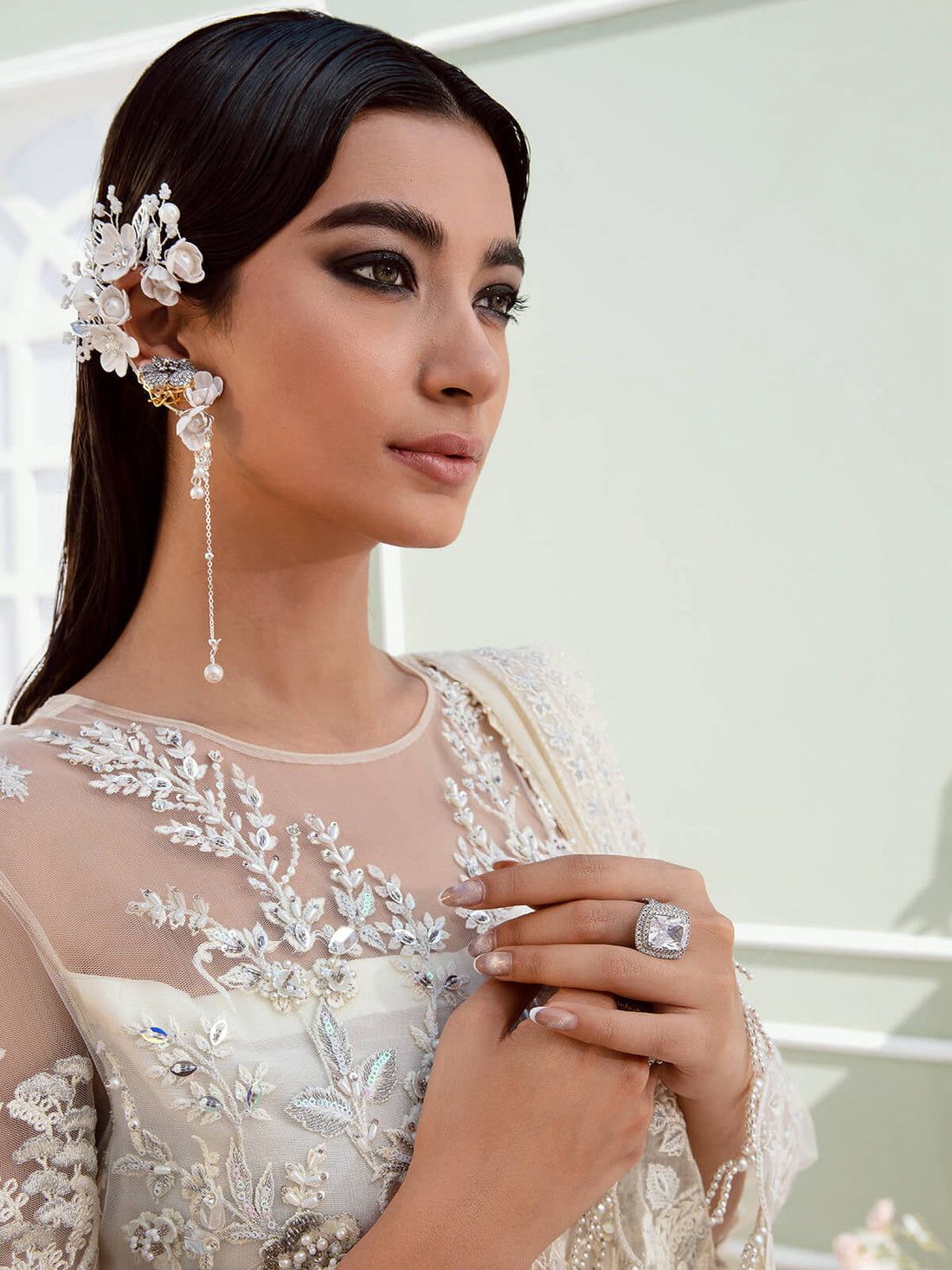IMZ Embroidered Off White Luxury Chiffon Dress