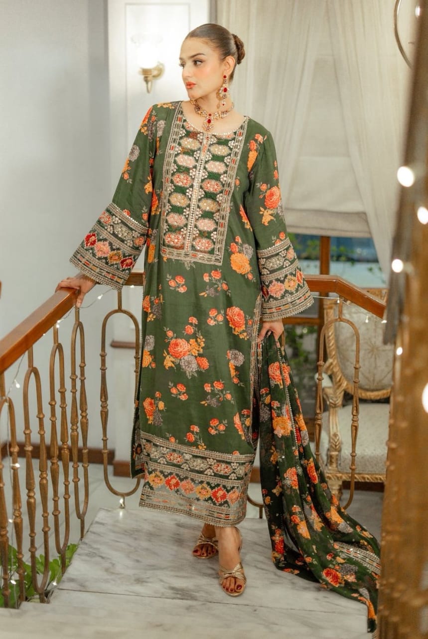 ANL Embroidered Green Luxury Lawn Dress