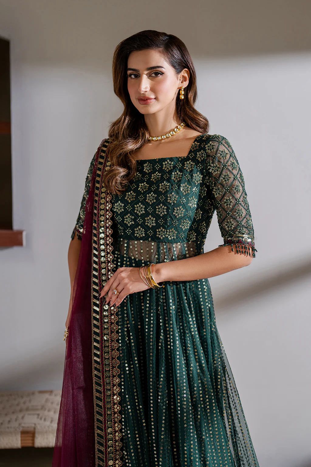 IZK Embroidered Dark Green Luxury Net Maxi