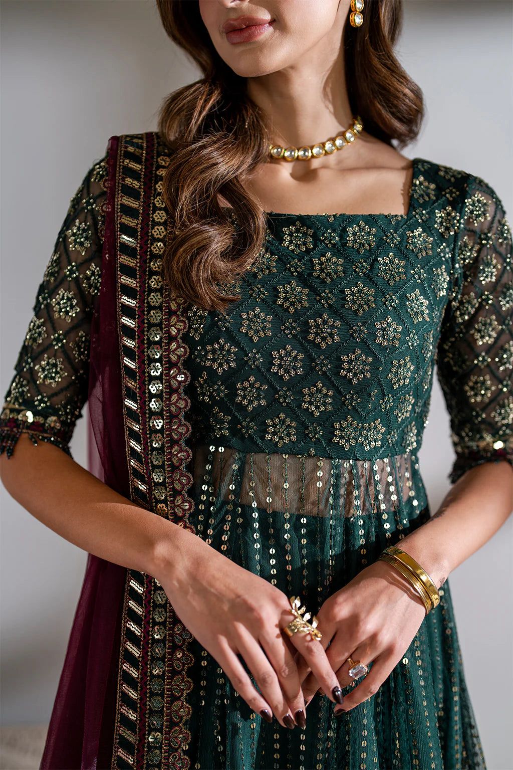 IZK Embroidered Dark Green Luxury Net Maxi
